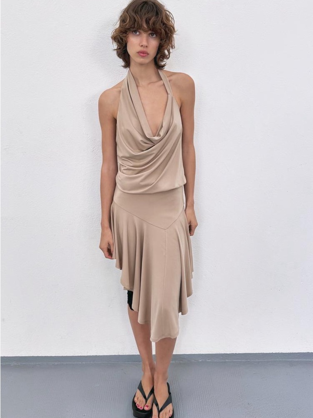 Zara Beige One-Shoulder Cowl Midi Dress